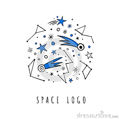 Vector doodle set of stars, comets, zodiac. Vector Illustration