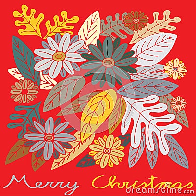 Merry Christmas, flowers and leaves with seasonal colours. Cartoon Illustration