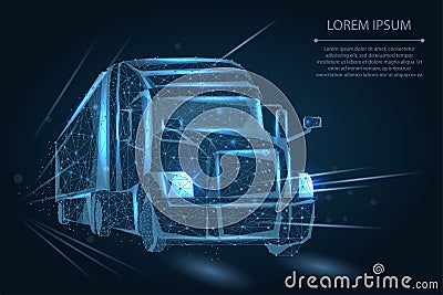 Abstract image of a Truck consisting of points, lines, and shapes. 3d heavy lorry van on Highway road Vector Illustration