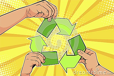 Pop art Paper recycle sign in hands. Save world ecology concept Vector Illustration