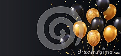 Celebration, festival background with helium balloons. Greeting banner or poster with gold and black realistic 3d vector flying ba Vector Illustration