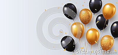 Celebration, festival white background with helium balloons. Greeting banner or poster with gold and black realistic 3d vector fly Vector Illustration
