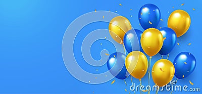 Greeting design in blue and yellow colors with realistic flying helium balloons. Vector Illustration