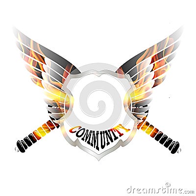 Winged and fiery shield Stock Photo