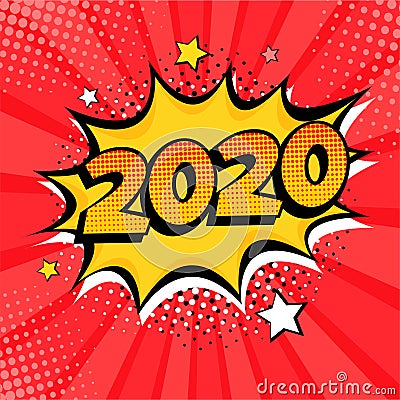 2020 New Year comic book style postcard or greeting card element Vector Illustration