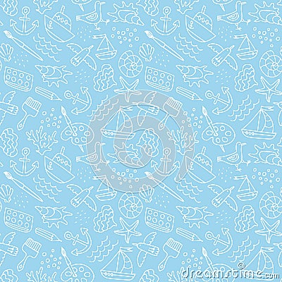 Vector seamless pattern with outlined seafaring and nautical signs. Blue and white color palette. Minimalistic design for web Vector Illustration