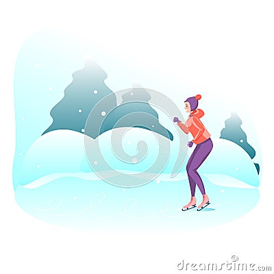 Young slim girl riding on the rink. Winter outdoor activities. Vector Illustration