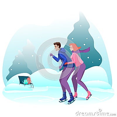 Happy couple riding on the rink. Winter outdoor activities Vector Illustration