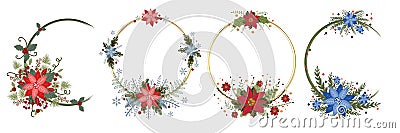 Set wreath christmas vector happy holidays. Decoration with poinsettias flowers and leaves Vector Illustration