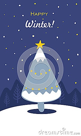 Happy winter hand drawn illustration in blue and yellow colors. Christmas tree with star decor on forest and snowflakes backgroun Cartoon Illustration