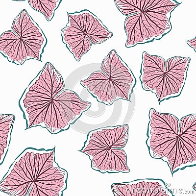 Botanical seamless tropical pattern with bright pink plants, leaves on white background. Exotic tropics. Summer. Vector Illustration