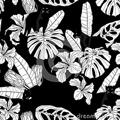 Seamless pattern with African panther animal and line tropical flowers and leaves. Stock Photo