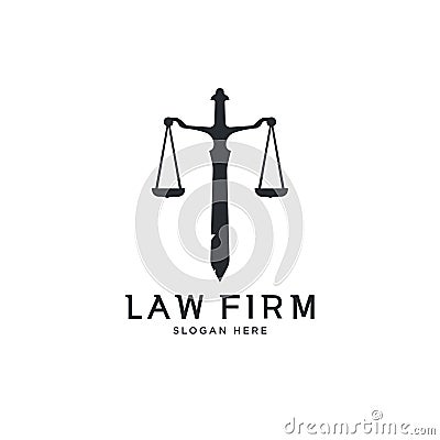 Rusty ancient sword and scale law firm logo template Vector Illustration