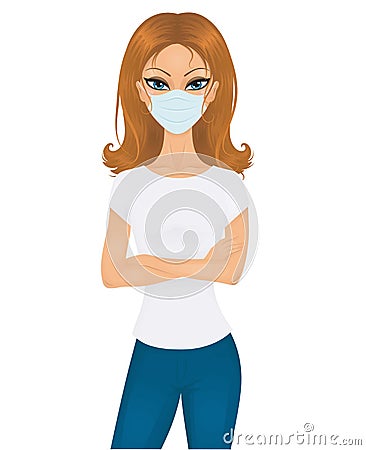 European woman standing in a mask. She is wearing jeans and a t-shirt. Vector Illustration