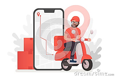 Scooter with delivery man flat vector cartoon character. Fast courier. Restaurant food service, mail delivery service Vector Illustration