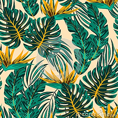 Trendy seamless tropical pattern with bright plants and leaves on a colorful background. Seamless pattern with colorful leaves Vector Illustration