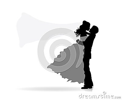 Silhouette of a groom holding his bride. The veil of the bride is flying. Vector Illustration