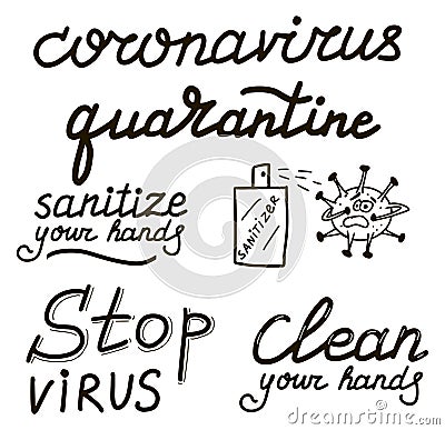 Clean your hands, Stop virus, Sanitize your hands, Coronavirus, quarantine, covid-19 set calligraphy lettering Vector Illustration