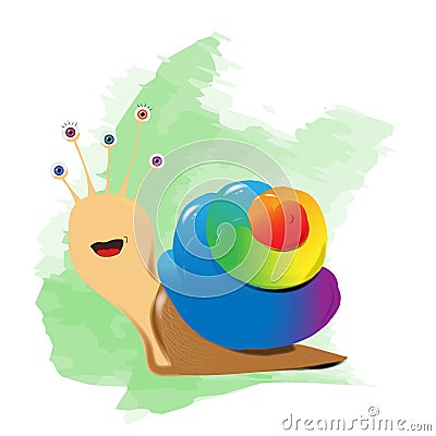 Multi-colored voluminous snail with 5 eyes Cartoon Illustration