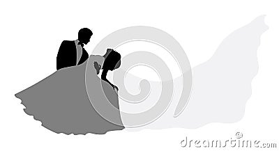 Silhouette of a groom holding his bride. The veil of the bride is flying. Vector Illustration