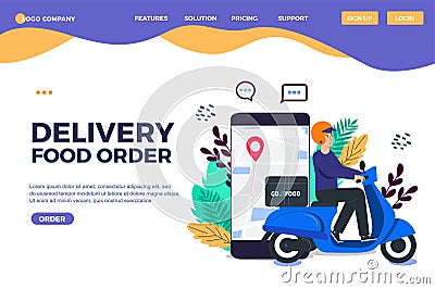 Fast and Free Delivery by Man Ride Scooter concept. Food service. Website Banner, vector illustration, presentation template Vector Illustration