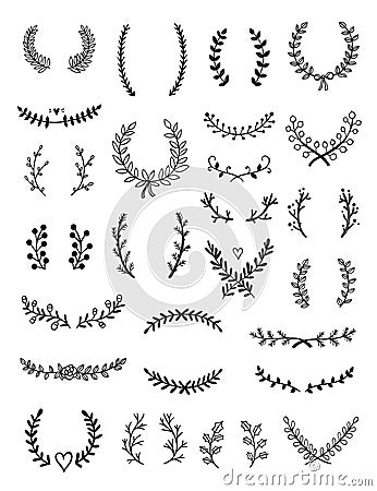 Wreaths and natural botanical frames vector hand drawn set. Vintage collection with laurels, dividers and decoration graphics Vector Illustration