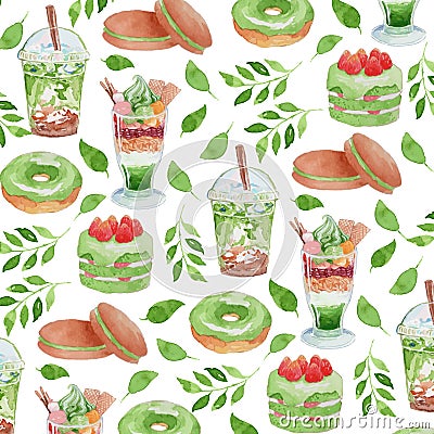 Vector Watercolor Food Theme Green Tea Product Seamless Pattern Vector Illustration