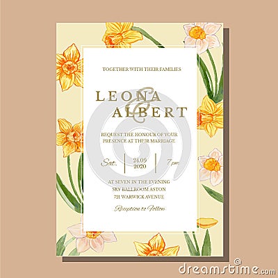 Vector Watercolor Yellow Daffodil Single Card Design for Wedding Invitation Template Vector Illustration