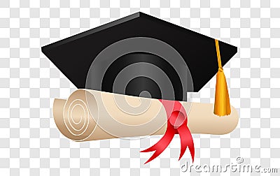 Realistic graduation cap and diploma scroll isolated on white background. Vector Illustration