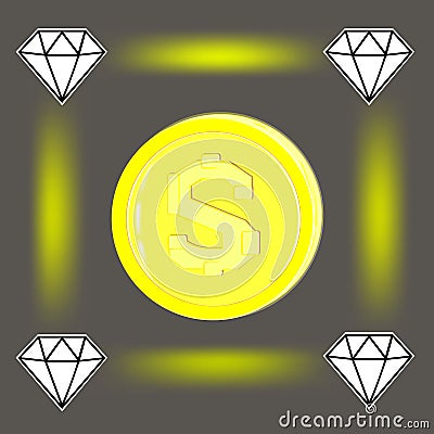 Icon of gold coins and diamonds. Image for business web site and internet. Vector Illustration