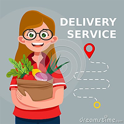 Young courier girl delivering bio food in the paper recycling packaging to the home of customer. Vector Illustration