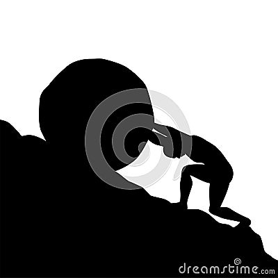 Silhouette of man pushing big boulder uphill on white background Vector Illustration