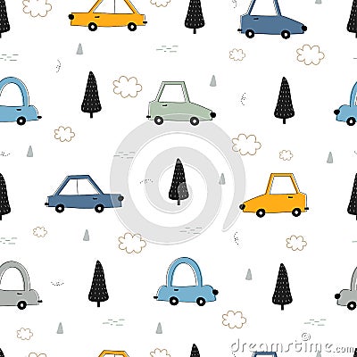 Seamless pattern Vehicle background with vintage cars and trees and clouds Vector Illustration