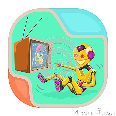 A little robot laughs watching cartoon animation on television Vector Illustration