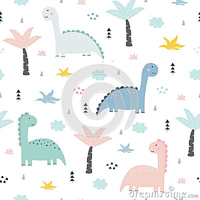 Seamless pattern cartoon background with dinosaurs and palm trees Vector Illustration