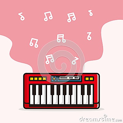 Mobilered color of keyboard synth cartoon with music note background illustration design Vector Illustration