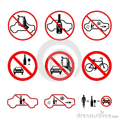 Illustration set of signs prohibited alcohol, drugs driving a car Vector Illustration
