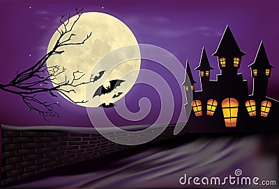 Halloween background, illustration vector house under moon light Vector Illustration