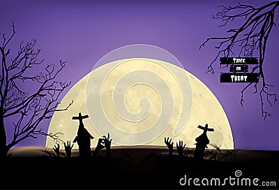 Halloween background, illustration vector tombstone under moon light Cartoon Illustration