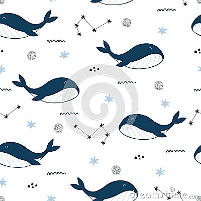 Blue whale seamless pattern Sea animal background Vector Illustration