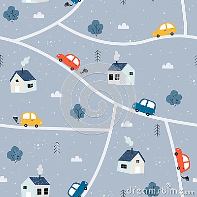 Seamless pattern The background of the rural village with an old car running on the road Vector Illustration