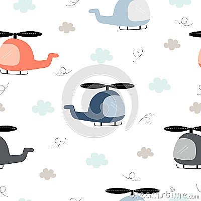 Seamless pattern The background of the helicopter floating in the sky and with clouds Cute patterns Vector Illustration