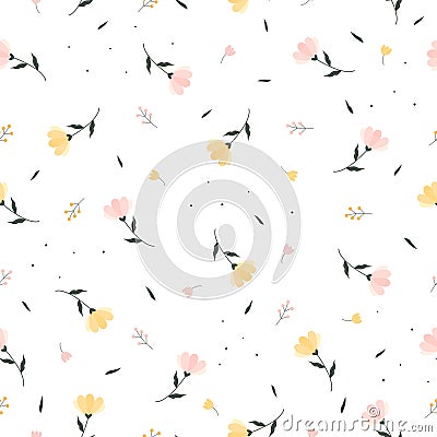 Seamless texture pattern Small and large flower background in pink and yellow Random scattered pattern Vector Illustration