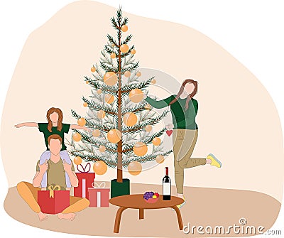 The family decorates the Christmas tree. A young man with a daughter on his shoulders sits with a gift. Vector Illustration