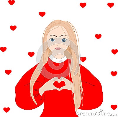 Pretty romantic young blond woman making a heart gesture with her fingers in front of her chest Vector Illustration