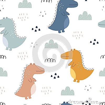 Seamless pattern Cartoon animal background There`s a crocodile and a clump of grass Vector Illustration