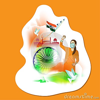 Vector Indian Patriotic concept sticker with abstract tricolor background. Vector Illustration