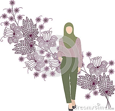 Woman in headscarf and office clothes on the flowers background. Vector Illustration
