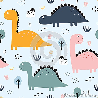 Dinosaurs and trees Seamless pattern cute cartoon animal background Vector Illustration