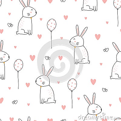 Seamless pattern cute cartoon animal background with a rabbit with heart balloons Vector Illustration